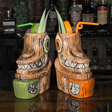 Load image into Gallery viewer, Tiki tOny's Enchanted Tiki Room Drummer ceramic Tiki Mug (Orange or Green), sculpted by Tiki tOny and Thor - Ready to Ship! (FREE SHIPPING in U.S.)
